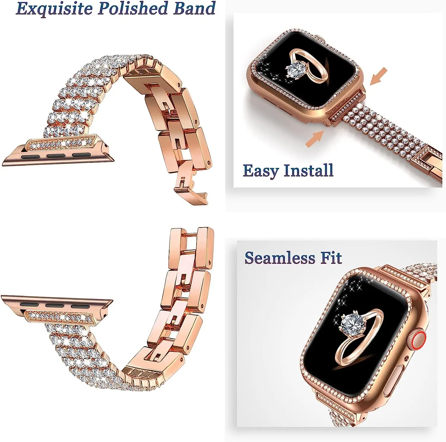 Bling Strap for Apple Watch Band 40mm 41mm 44mm 45mm Slim Jewelry Metal Link Bracelet Women iWatch Ultra 2 49mm 9 8 7 6 5 4 3 SE