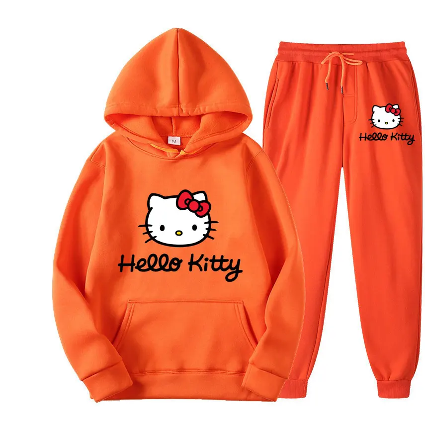 Hello Kitty Cartoon Anime Women Sweatshirt Sweatpants Set Fashion Men Pullover Pants Suit Spring Autumn Couple Hoodie Pant Sets