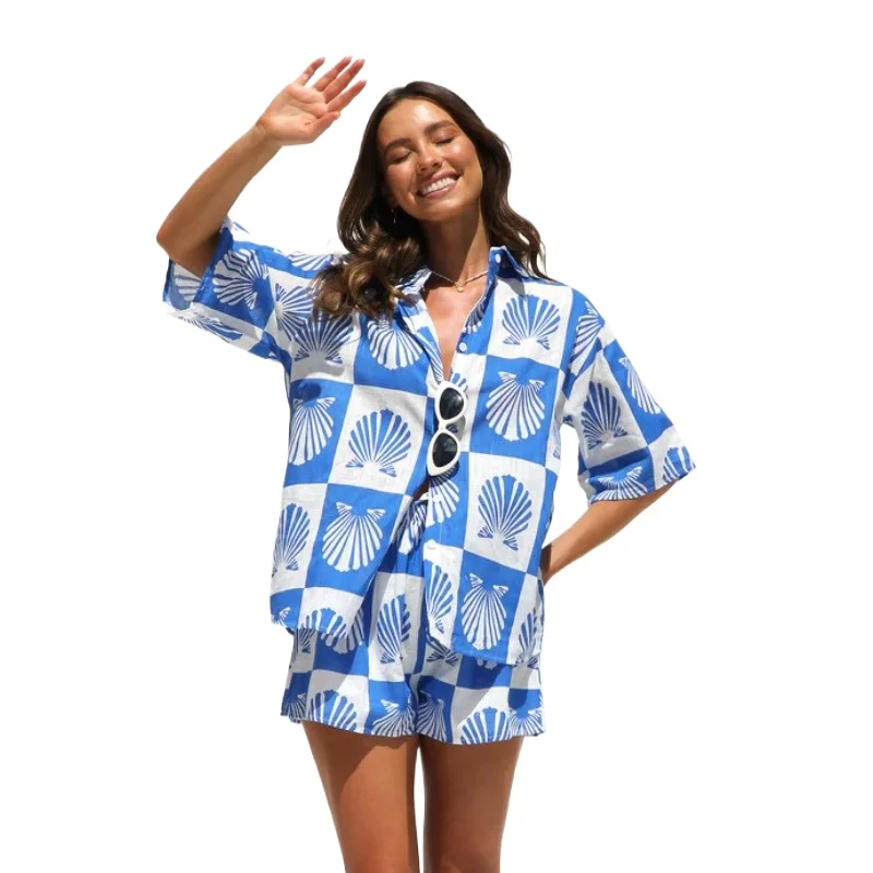 

Новинка лета 2025 года, женские шорты, модная повседневная рубашка с принтом, комплект шорт, пригородные топы, одежда