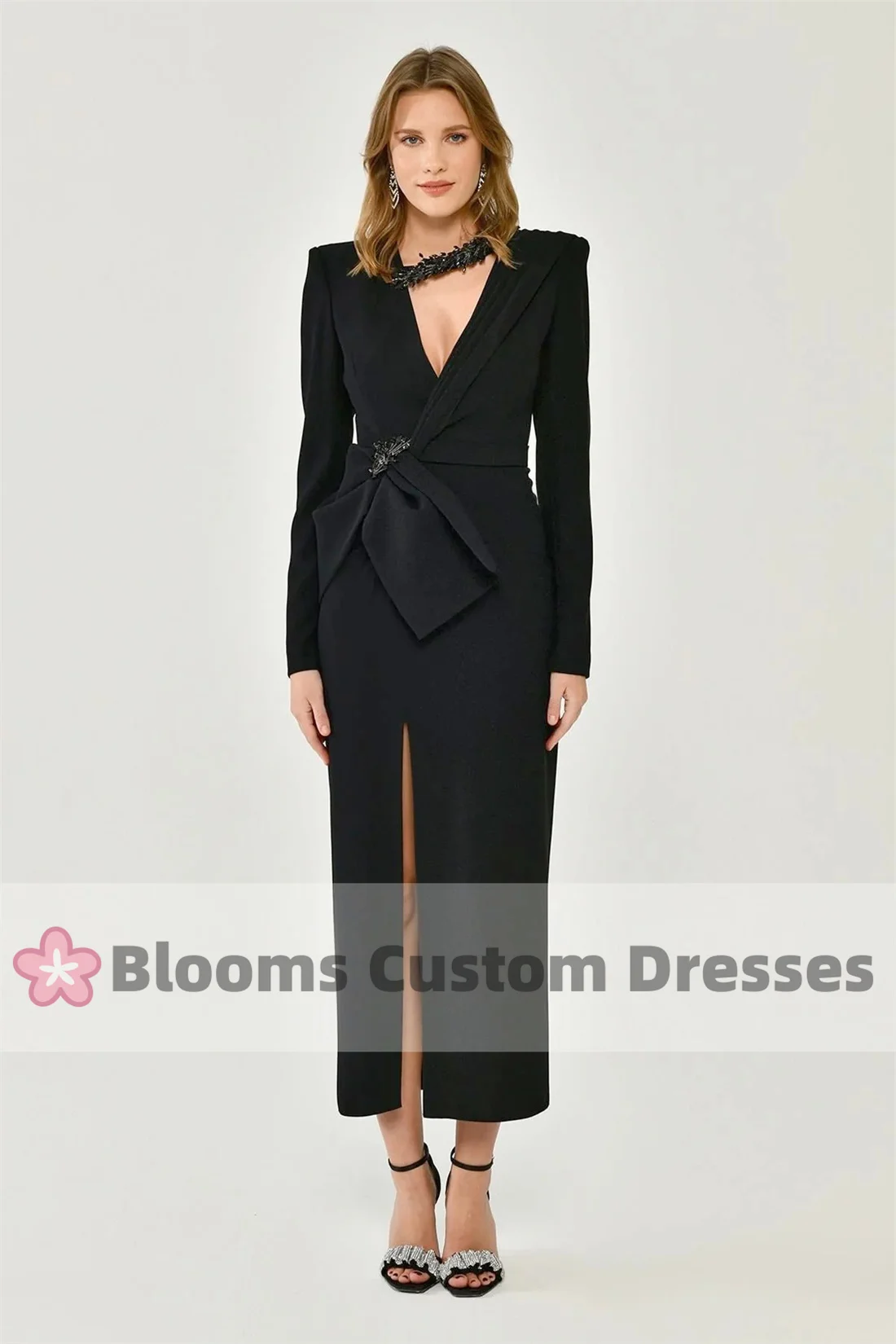 Customized Crystal Beads Long Sleeves Elegant Crepe Prom Dresses V-neck Sexy Evening Dress for Formal Occasion Straight Party