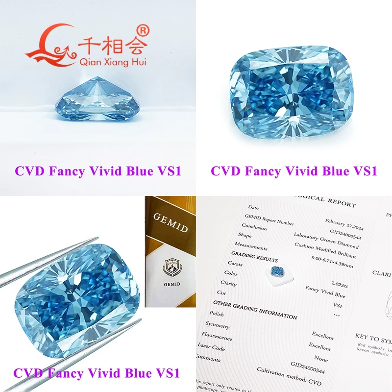 CVD diamond Fancy Vivid aqua Blue 1ct-2ct VS1 clarity long cushion shape GEMID certificated lab grown diamond loose stone