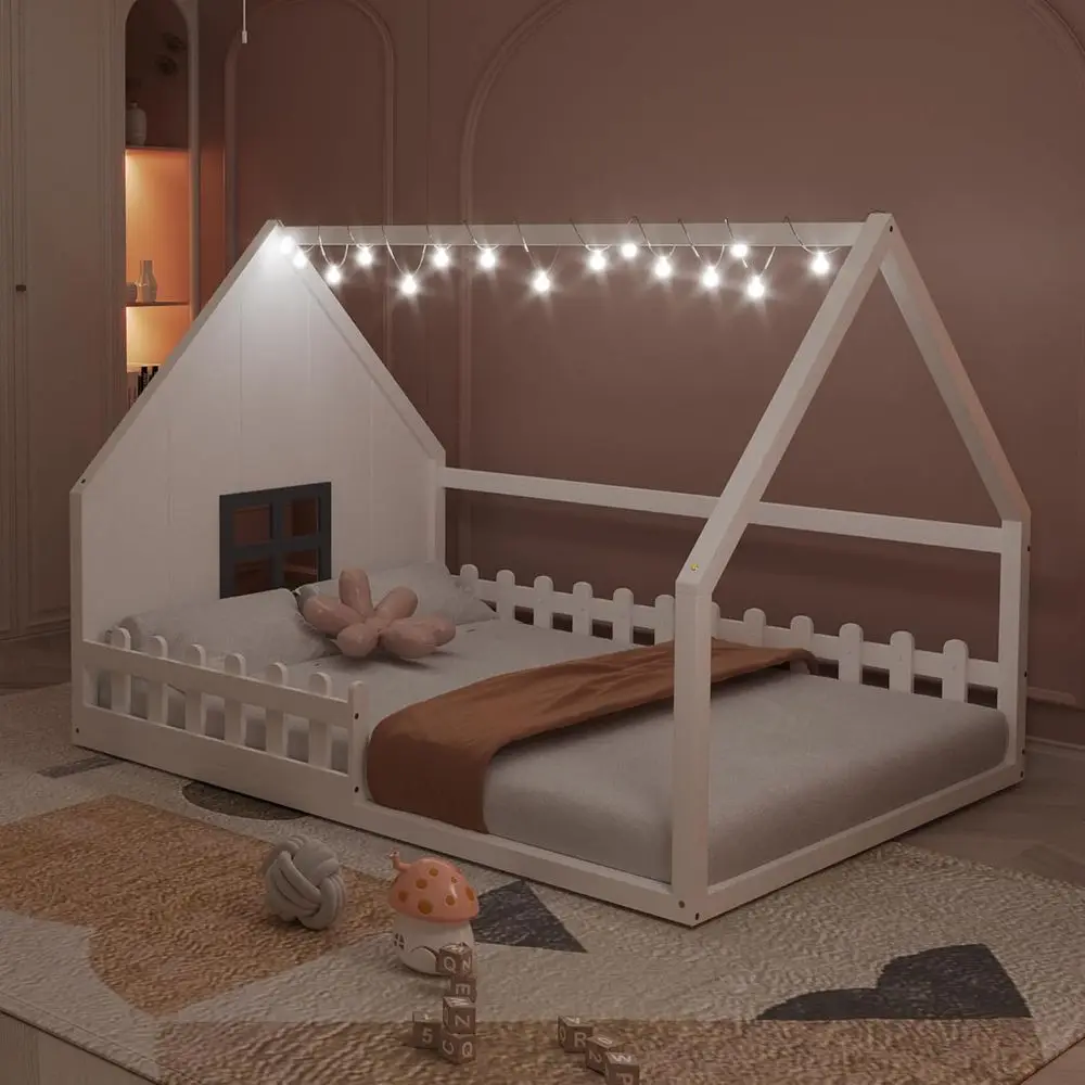 

Wooden Loft Bed with Stairs, Window, and Railing, Suitable for Kids, White
