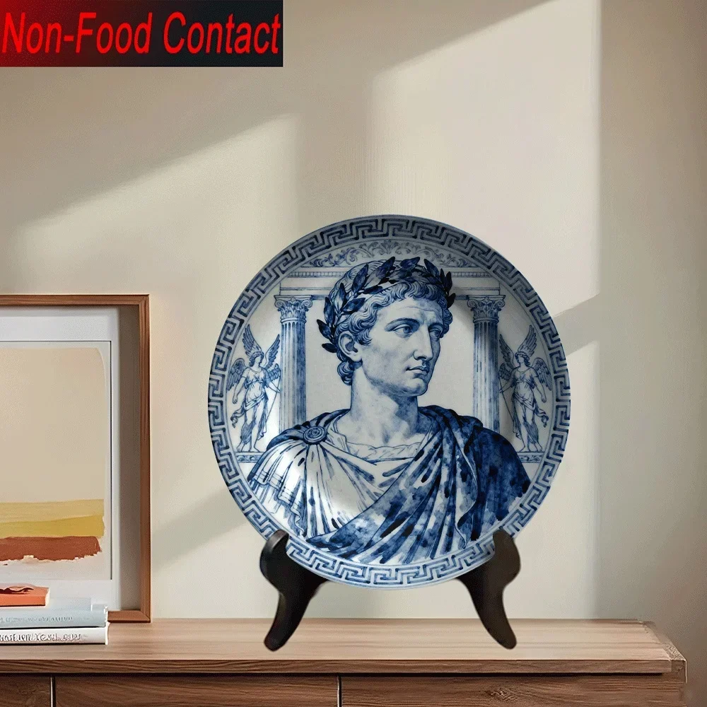 1pc Greek/Roman Bust Ceramic Decorative Plate - Blue & White Greek Key Pattern Round Non-Food Contact Serving Tray, Greek God