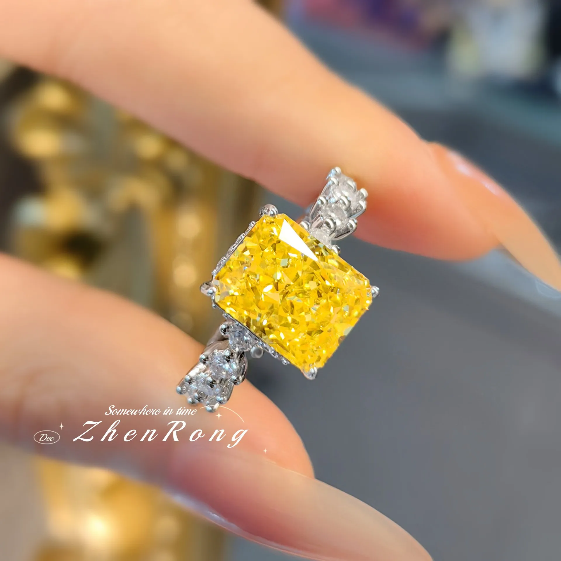 Women s S925 Sterling Silver Ring Light Luxury Princess Square Ice Pink Diamond Inlaid with Yellow Diamond Elegant Daily Wear