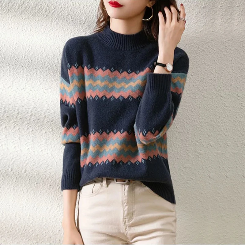 Autumn Winter Women\'s Vintage Striped Jacquard Pullover Knitted Sweater Casual Simple O Neck Loose Long Sleeve Top Female Jumper