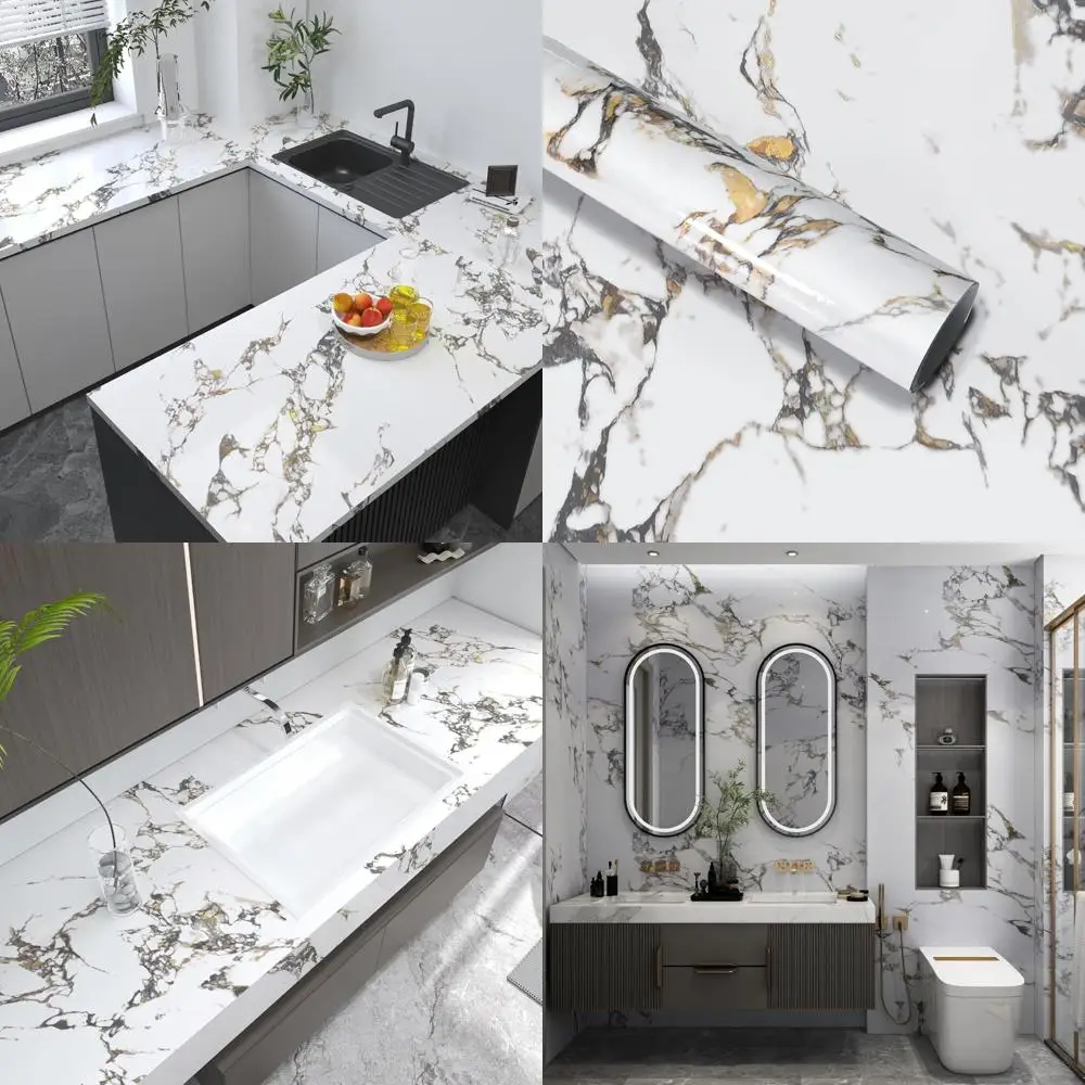 ورق اتصال رخامي عروق ذهبية قابل للتقشير واللصق لأسطح الكونترتوب والمطبخ ورق جرانيت لاصق من الفينيل، 16 × 591 Inc