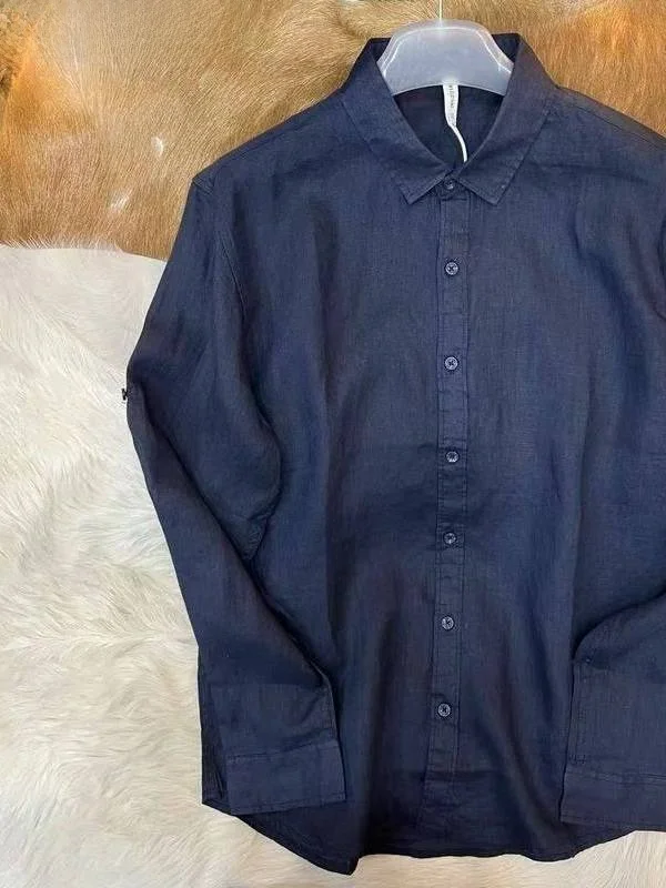 

Мужская льняная рубашка свободного кроя с длинным рукавом, повседневная, легкая, дышащая, синяя, осенняя, комфортная, модная, для взрослых