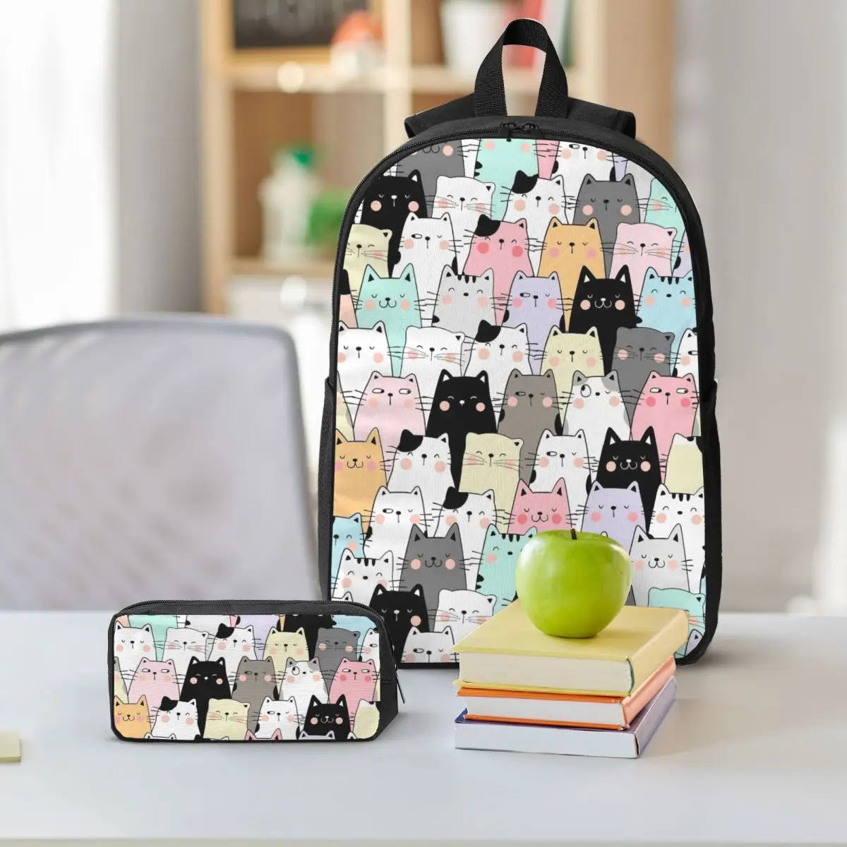 Cute Kitten Cat Cartoon Pattern Backpack Student BookBag School Bag Shoulder Bags 3ps Insulated Lunch Bag Pencil Case
