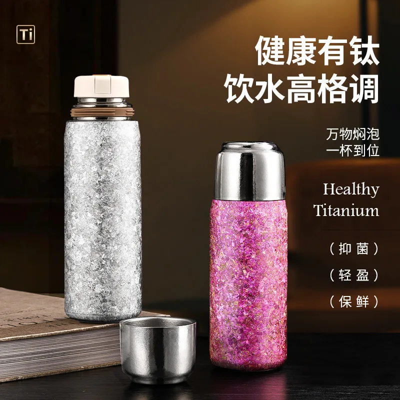 380ml/480ml Pure Titanium Thermos with Bounce Cap,Double layer Vacuum Flasks,Antibacterial Drinkware,High-end Gift Water Bottle