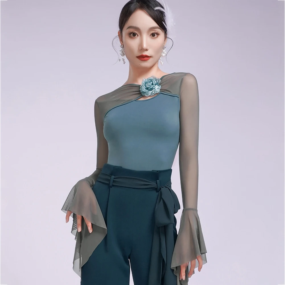 Danza latina Elegante palla Ancora Red Samba Danza da sala da donna Top Verde Danza con volant a maniche lunghe Nuovo stile Tuta