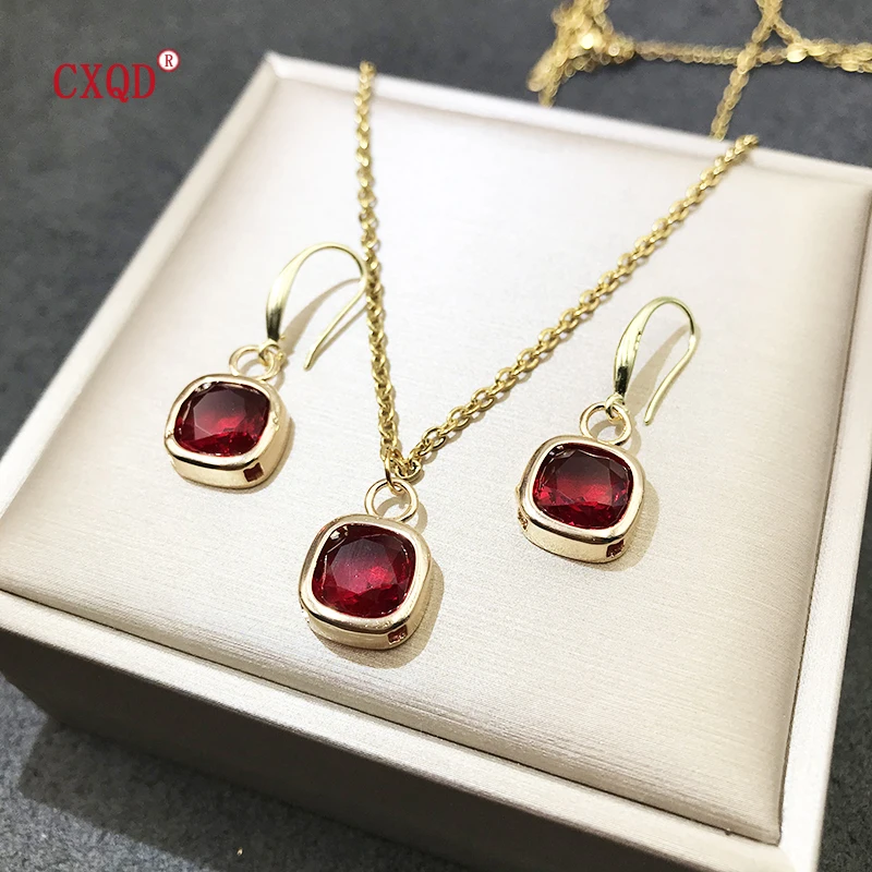 Colorful Clear Small Square Glass Pendant Necklace For Women Stainless Steel Chain Fashion Earrings Jewelry Accessories Set Gift image 2