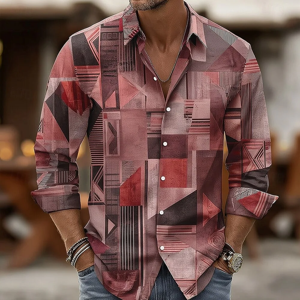 New Men's Geometric Color Block Splicing Button Shirt Long Sleeve Retro Outdoor Casual 3D Printed Collar Shirt