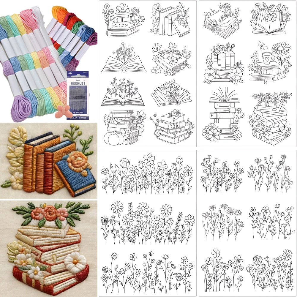 Vorgedrucktes Stickmuster-Papier, Selbstklebendes Wasserlösliches Stabilisator-Set mit Buch & Botanischen Blumenmustern