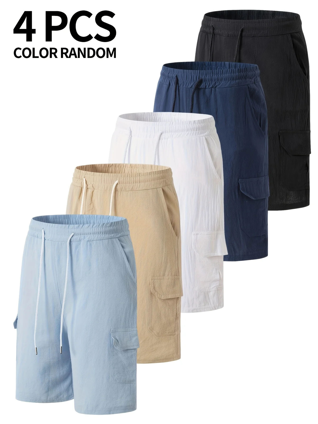 

4-piece color random distribution summer shorts made of 100% pure cotton with pockets, solid color men's shorts for all seasons, outdoor pants for casual sports, daily fitness training, comfortable wearing, lightweight, breathable fabric, comfortable "