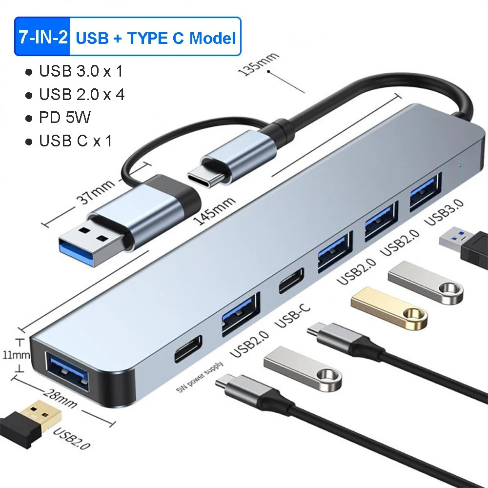 USB-C Hub USB 3.0 HUB C Ports إلى 7 منافذ USB HUB USB Splitter مع USB 3.0 4 USB 2.0 و2 منافذ USB C موزع USB