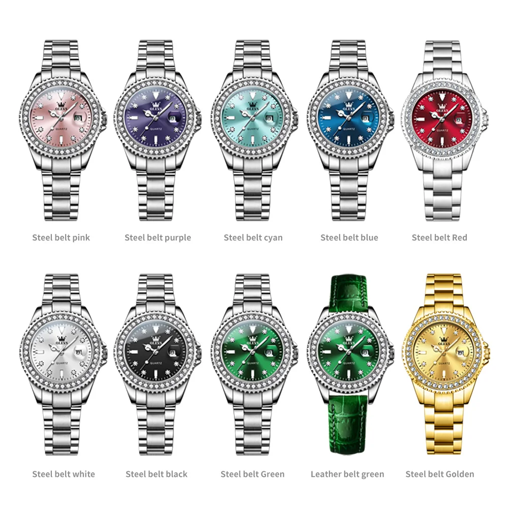 OLEVS 9945 Womens Watch Top Brand Original Quartz Watch Luxury Bezel Diamond Wristwatch Waterproof Enlarge Date Gift Reloj Mujer