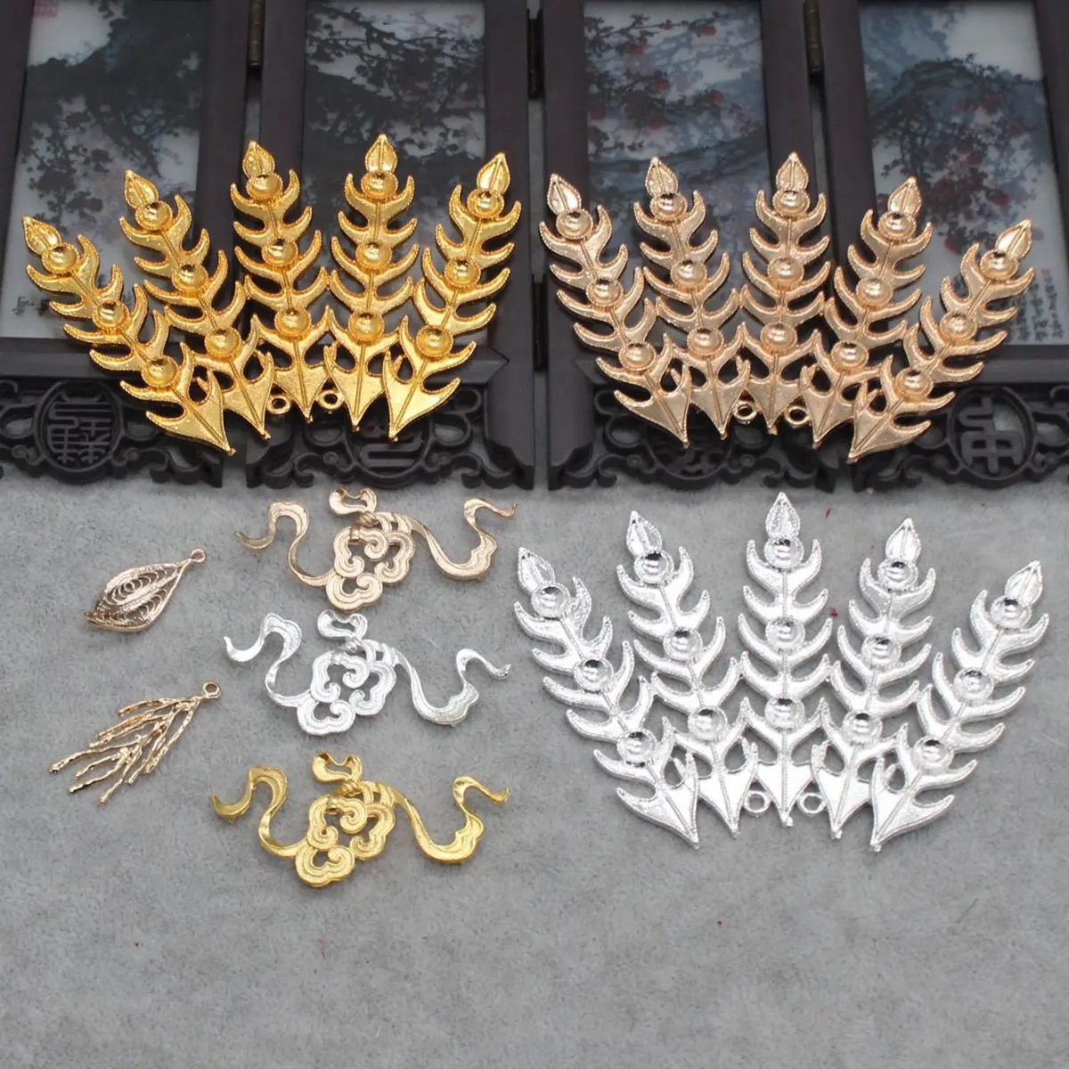 Halo Crown Material Alloy Leaves  Phoenix Tail Gold Silver Cloud Pattern DIY Bride Headband Fan Accessories