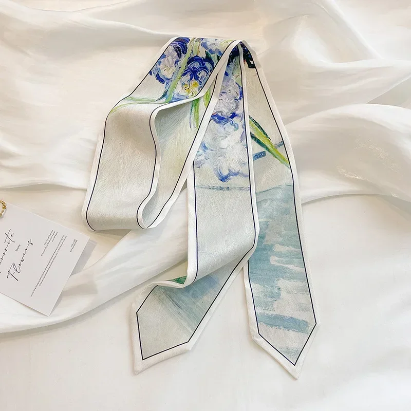 Sharp Corner Fashion Clear Flowers Print Satin Silk Neckerchiefs For Women Double-Deck Spring Summer Hair Bands Bags Ribbons