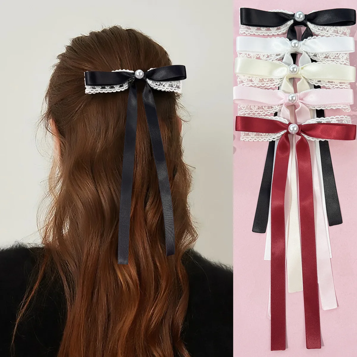 30pcs Long Tassel Bow Hair Clips Pearl Embellished Lace Hairpins for Women And Girls Wedding Side Hairgrips Bulk Headwear