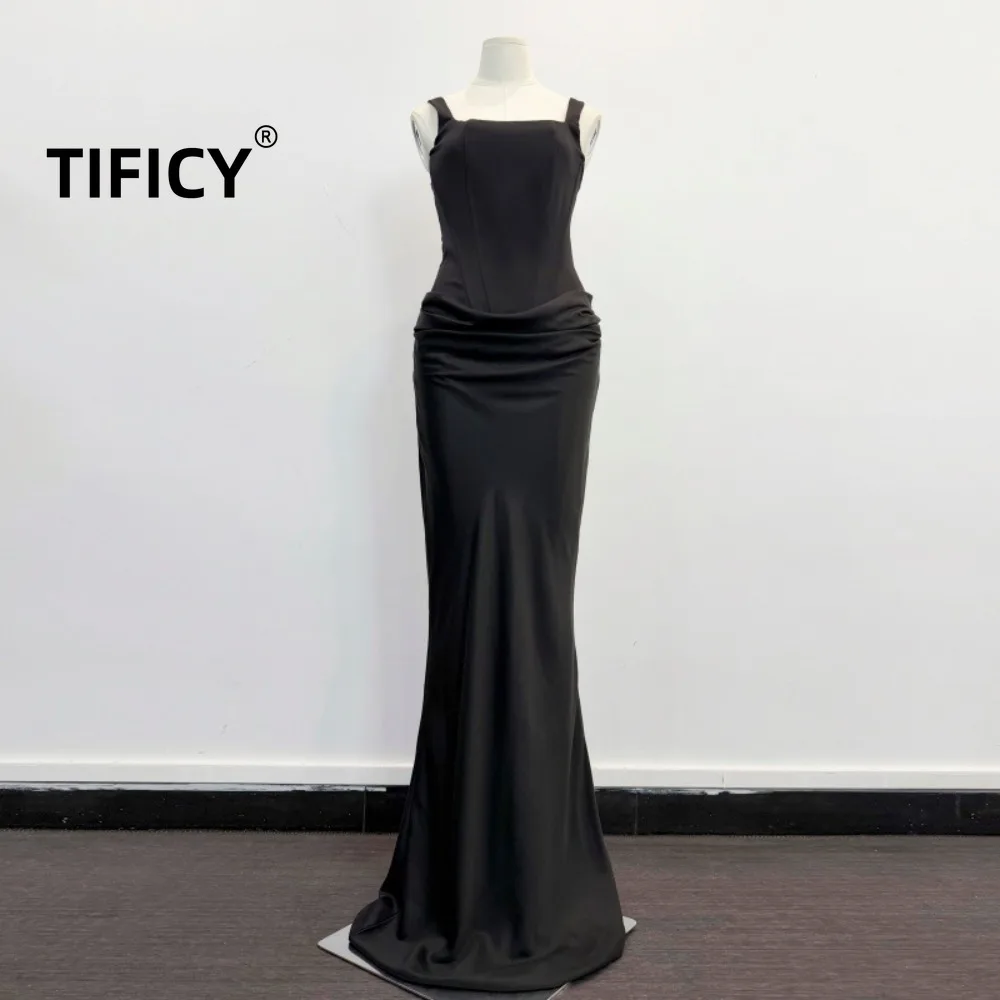 

High Street Dresses Women's High End Satin Suspender Fishtail Dress with Waist Cinching and Pleated Long Evening Gown Dresses