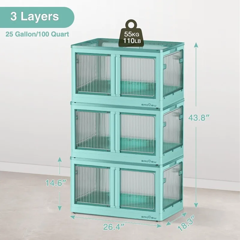 Plastic Storage Bins with Lids, 3Pack Stackable Collapsible Storage Bins for Closet Organizers and Storage, Folding Storage