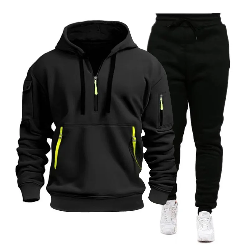 2024 Cross-border Sports Sweater Men\'s Multi-Pocket Zipper Hoodie Sweatpants Set