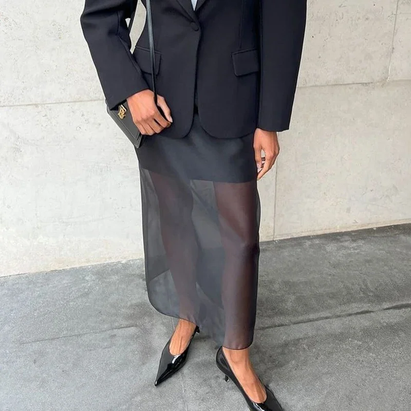 

Ticketsx Black Mesh Skirt Women's Double-Layer Design See Through High Waist Slit Skirt Female Solid Office Lady Slim Thin Skirt