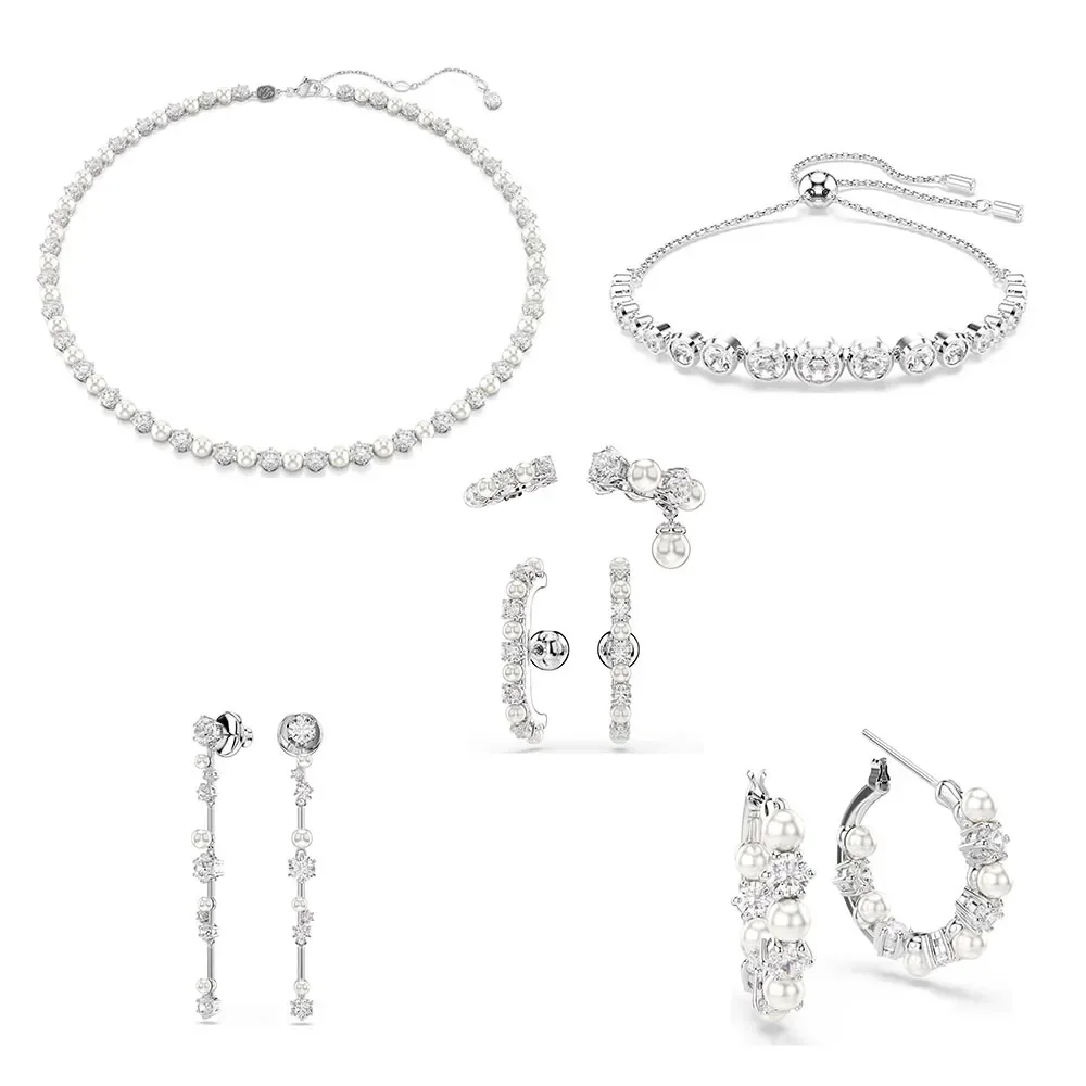 

2025 Vintage Pearl Diamond-Embellished Two-Tone Necklace Bracelet Earrings Set for Women's Party