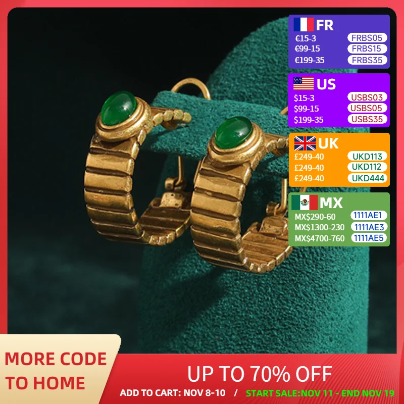 

Vintage Gold Color Striped Earrings with Emerald Green Oval Natural Stone Antique Jewelry for Woman Fashion Korean Fashion 2024