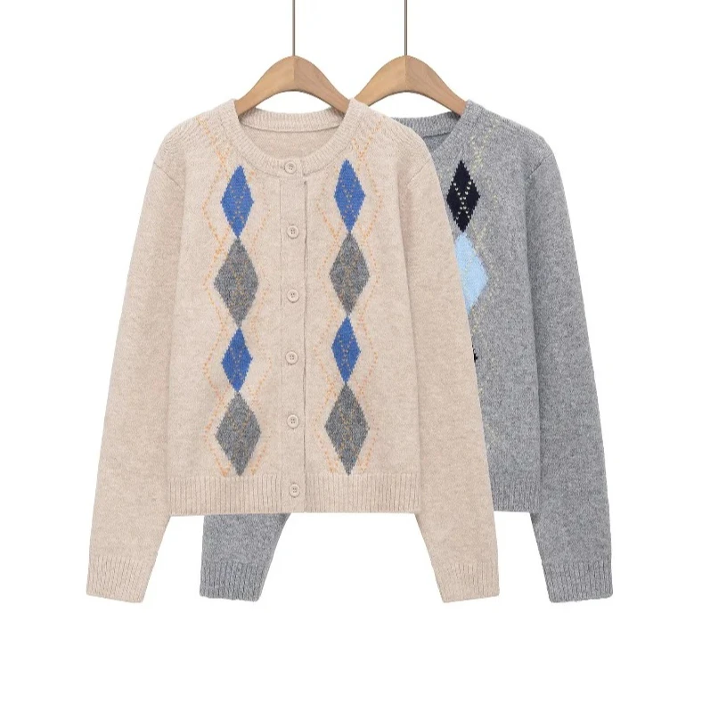 เสื้อสเวตเตอร์ถักลายเพชรสำหรับผู้หญิง - เสื้อแฟชั่นลำลองคอกลมแขนยาว เสื้อสวมหัวสไตล์สตรีททำจากเส้นใยโพลีเอสเตอร์