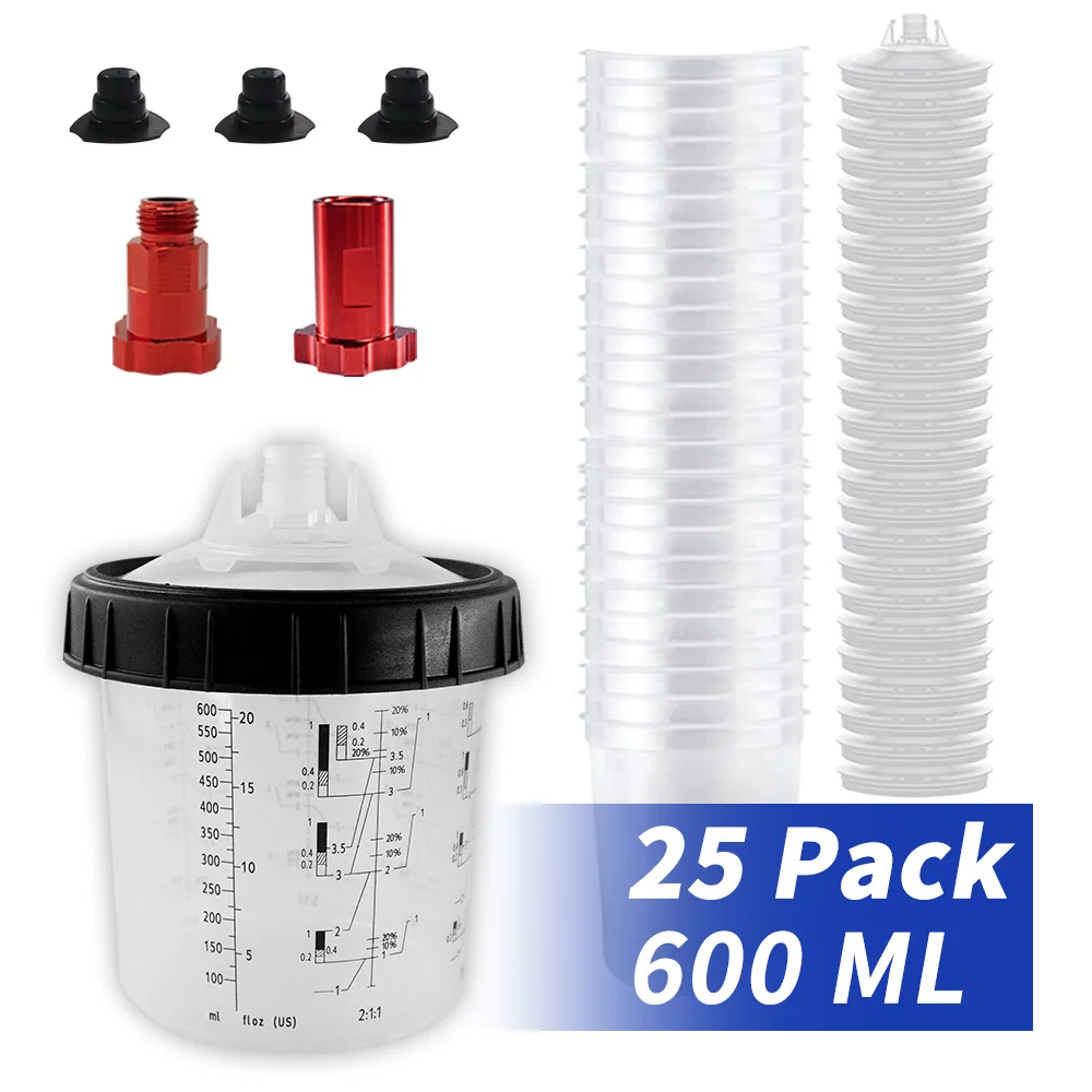 15/25Pcs Spray Gun Paint Mixing Cup Quick Change Tool Spray Gun Tank 600ML Disposable Paint Cup Accurate Scale With Sealing Plug