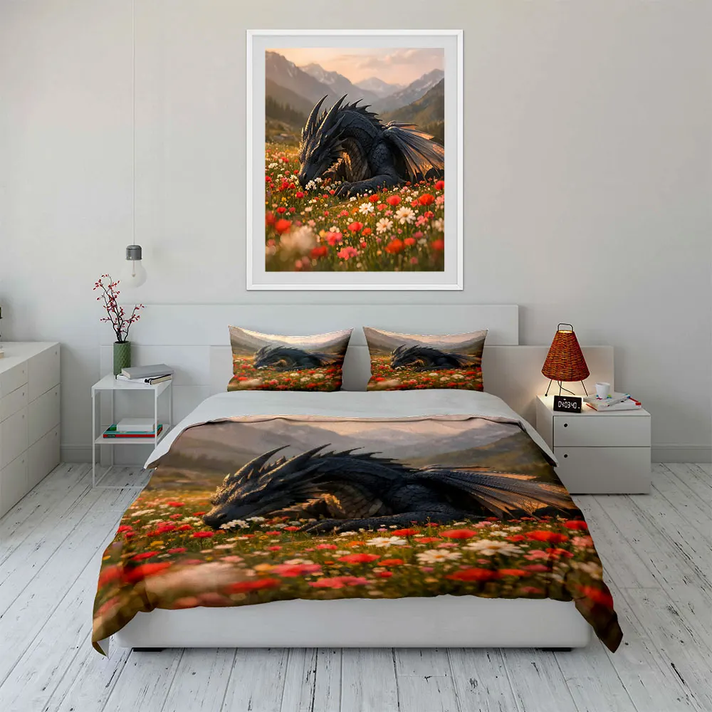Black dragon resting in flowers Pattern Duvet Cover Set Digital Print Colorful Polyester Bedding with Zipper Closur for gifts 4