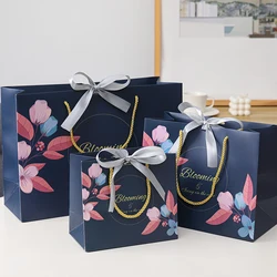 Multi size Blue Paper gift Bags with handles Flower Pattern Shopping Package Bag New Year DIY Wedding Birthday Party Gift bags