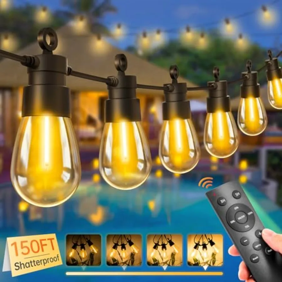

150FT Dimmable Outdoor Patio Lights - Remote Control LED String Lights with 43+2 IP65 Waterproof Shatterproof Edison Bulbs 3 Mo