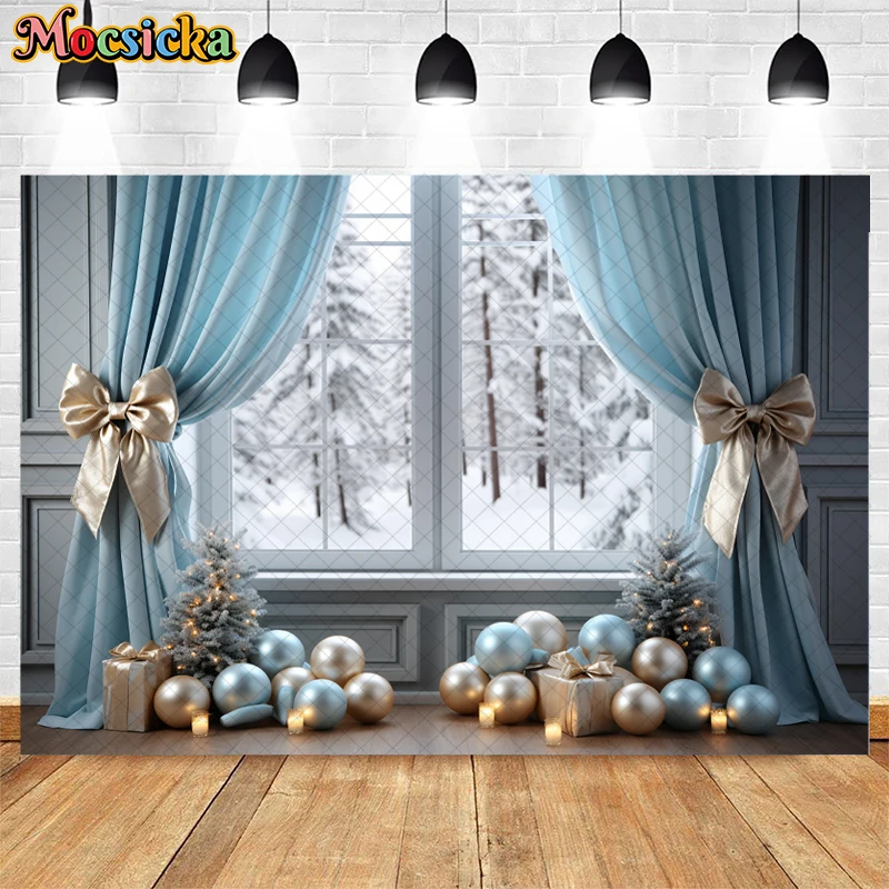 Mocsicka Winter Christmas Window Photography Backdrop Xmas Tree Gift Box Bow Decor Family Portrait Photo Background Banner