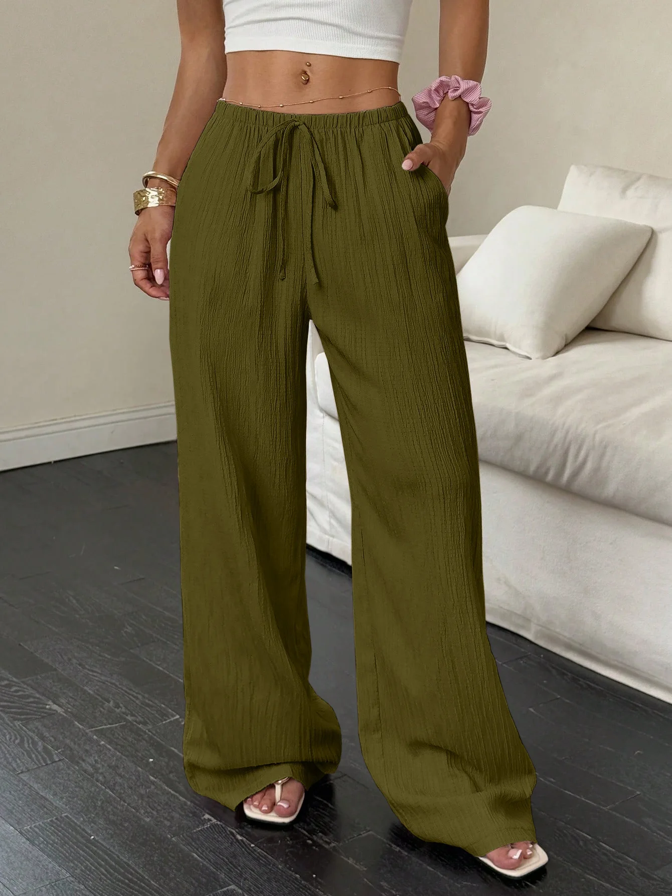 Women's Solid Color Textured Wide Leg Pants High Waist Drawstring Loose Casual Trousers Comfortable Pants For Daily Wear