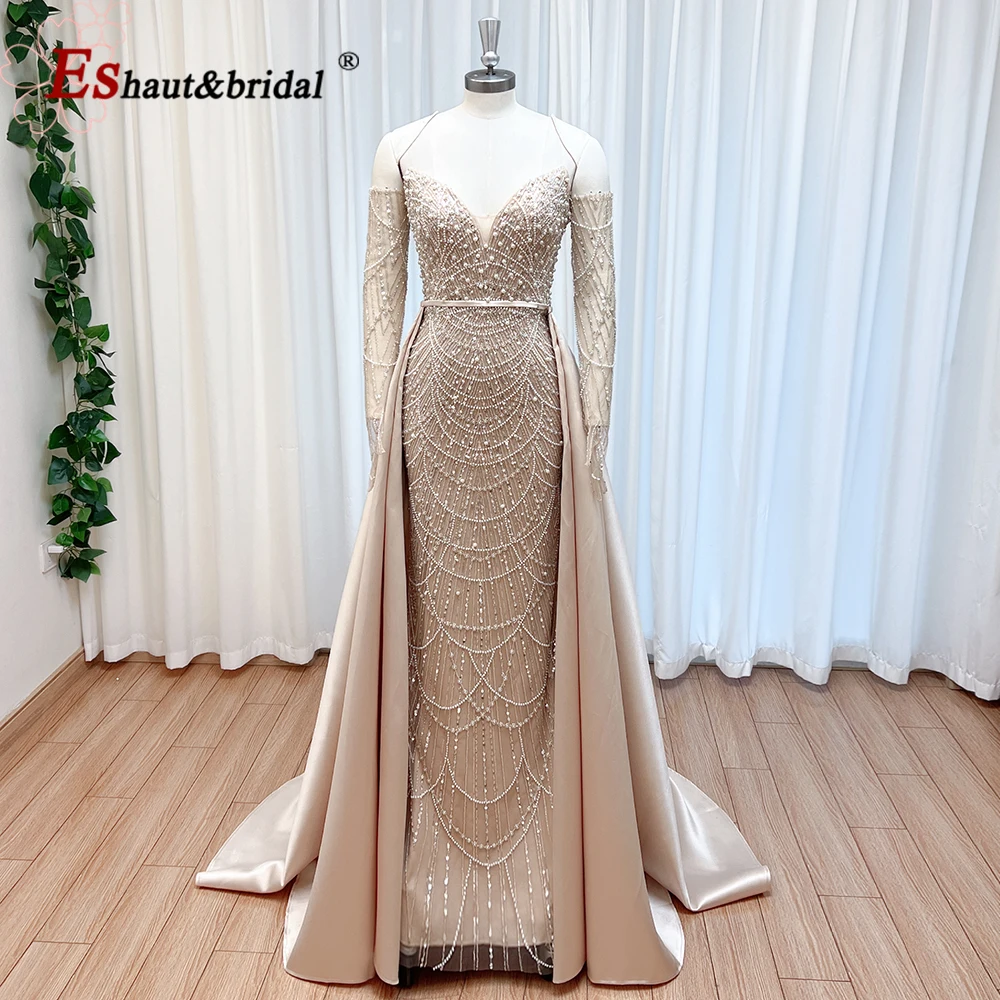 Elegant Pearl Evening Dress for Women with Detachable Skirt Luxury Arabic Long Gloves Formal Prom Wedding Party Gown Customized