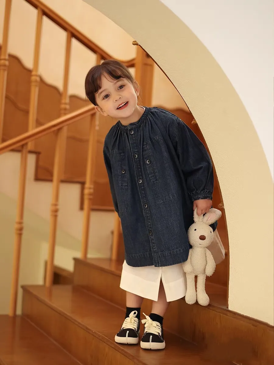 2023 NEW Denim Dress For Kids 2-8Y Fashipn Dress Casual Wear with Leather bag Jean Top Children