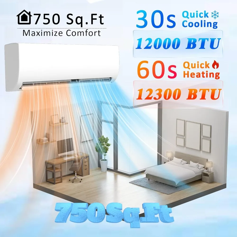 نظام تسخين تيار متردد/تيار مستمر صغير 12000 وحدة حرارية بريطانية مع عاكس، مكيف هواء مثبت على الحائط موفر للطاقة 19 SEER2 115 فولت