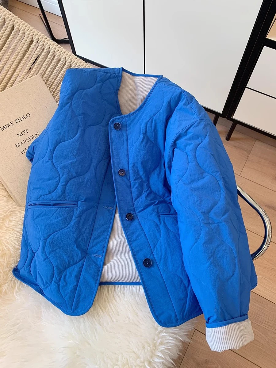 

Klein Blue round Ne Lightweight Cotton Jaet Loose Fit Single Button Korean Sle Women's Autumn Winter Cotton Coat