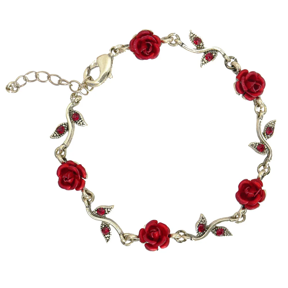 Adjustable Rose Flower Charm Wrist Chain Red Valentine's Day Gift Stacking Bracelet Love Symbol Bangle For Women Fashion Jewelry
