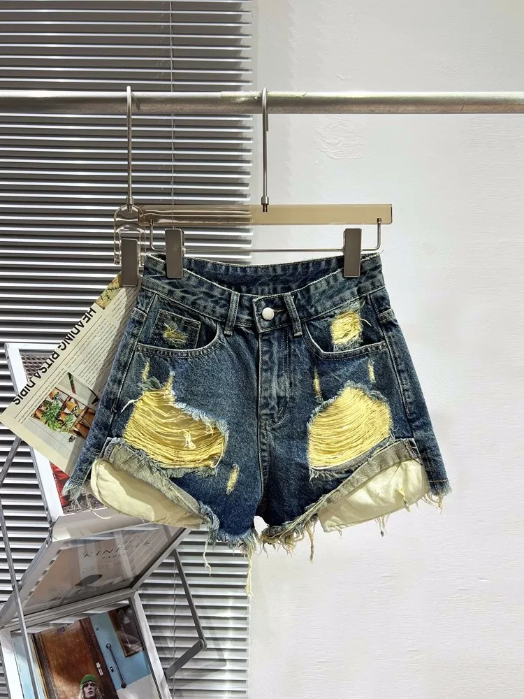 Vintage Women Hole Ripped Denim Hot Shorts Tassels High Waist Casual Trousers Summer Hip Hop Pocket Flare Short Jeans Streetwear