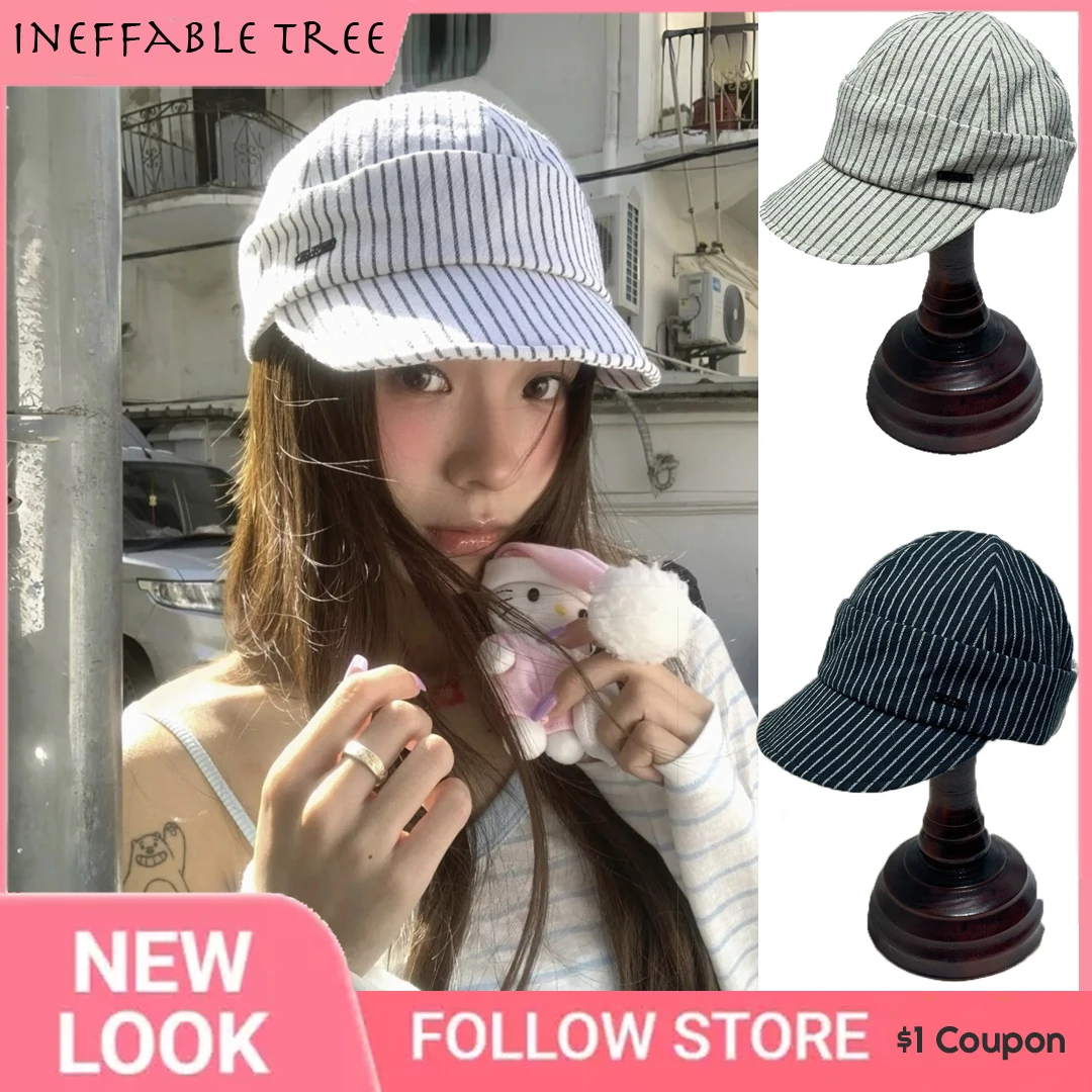 

Japanese Simple White Striped Soft Top Baseball Hat for Women Small Round Face Duck Tongue Cap Retro Gorras Hombre Originales