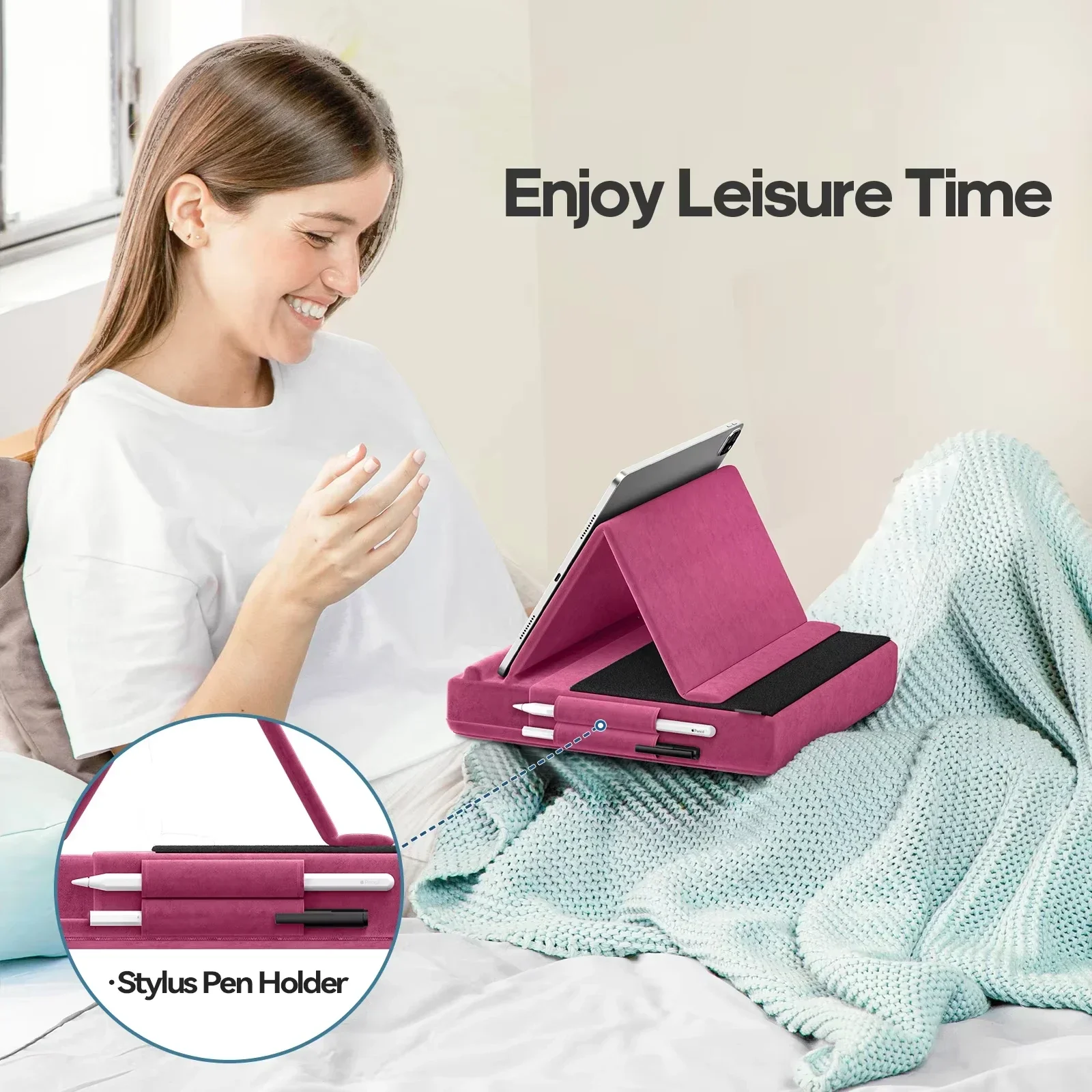 Upgraded Tablet Pillow Stand Multi-Angle Viewing Ipad Holder for Lap Bed and Desk Foldable Soft Pad Dock with Stylus Mount