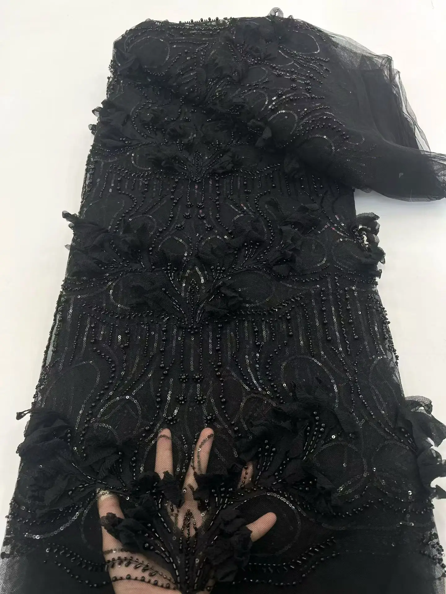 

French Popular Embrordered 3D Flower Lace Elegant Beaded Afirca Mesh Fabric Lace with Sequins Party Evening Dress AXZ6151