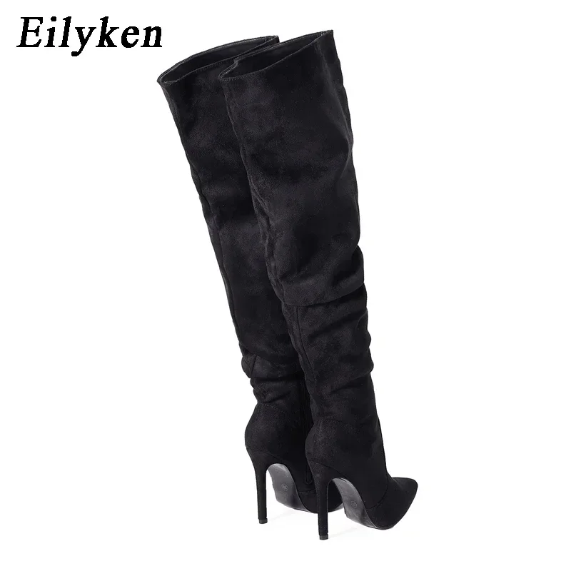 Eilyken Winter Pleated Women Over The Knee Boots Sexy Stiletto High Heel Zipper Shoes Pointed Toe Female Long Booties