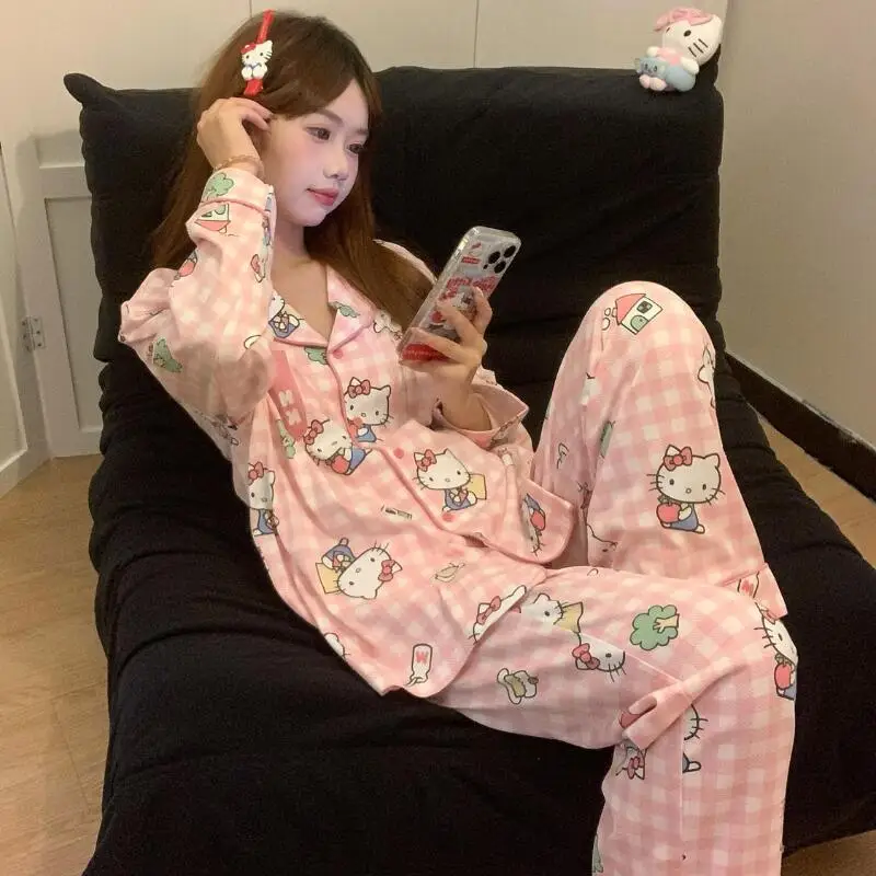 

New Pajamas Hello Kitty Pajamas Sweet Style Female Spring Autumn New Long Sleeves Trousers Leisure Loose Home Clothing