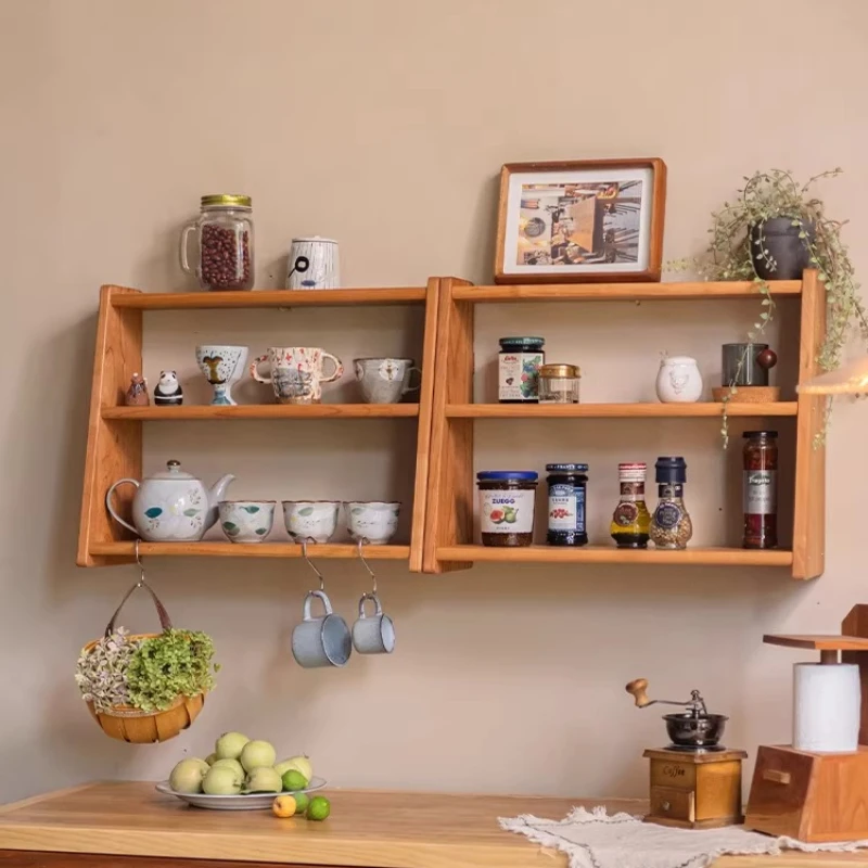 Solid Wood Wall Mounted Cup Rack, Multi-Tier Tea Cup Holder Shelf, Space-Saving Kitchen Storage Organizer & Home Decor Accent