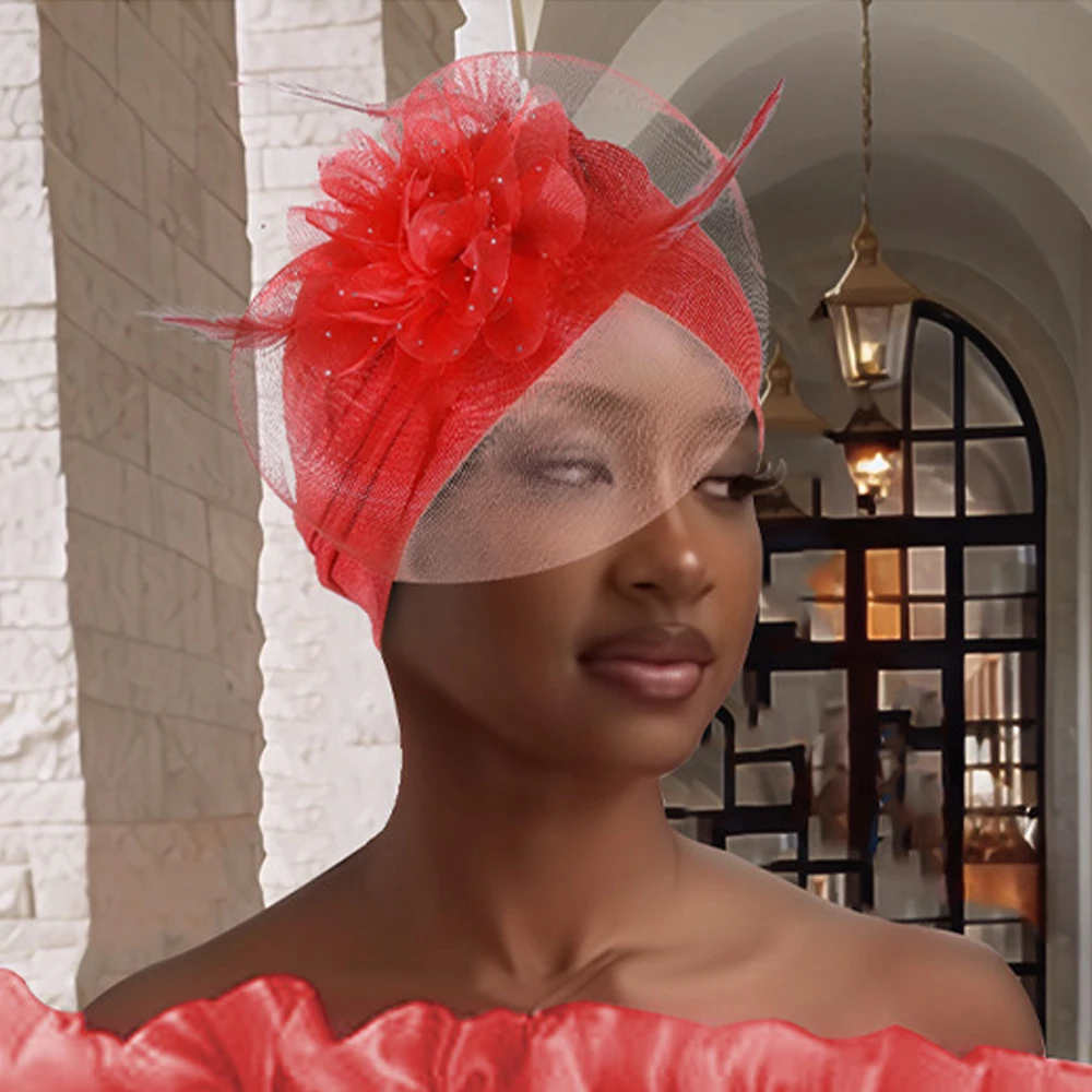 

Muslim Women Feather Flower Hat Turban Indian Headscarf African Head Wrap Bonnet Beanies Wedding Party Headwear Turbante Mujer