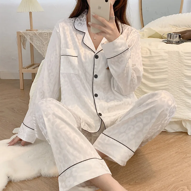 Women\'s Pajama Set Spring Autumn 2 Piece Leopard Print Pyjama Faux Silk Satin Sleepwear Long Sleeve Pijama Mujer Pjs Homewear